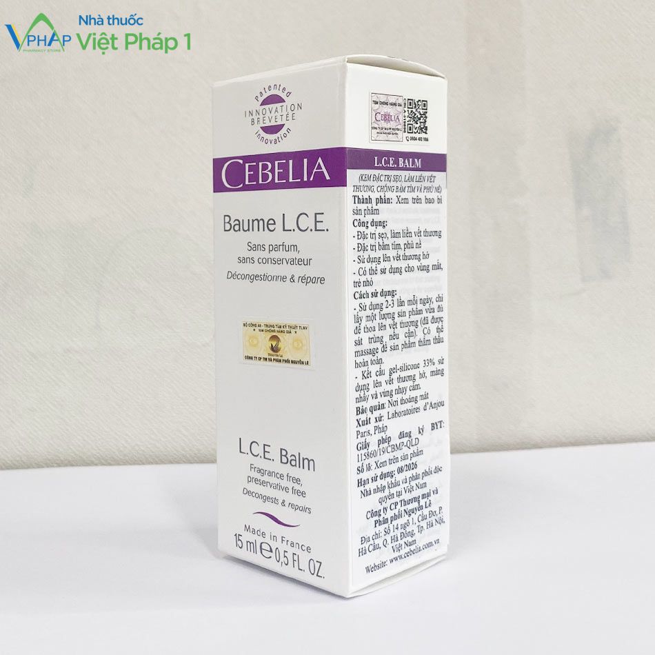 Mặt nghiêng của hộp sản phẩm Cebelia được chụp tại Nhà Thuốc Việt Pháp 1