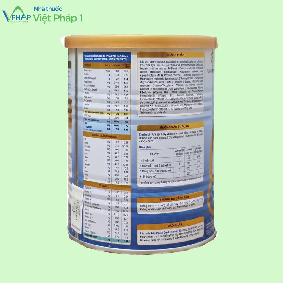 Bảng hàm lượng thành phần, hướng dẫn sử dụng, bảo quản và thông tin của sữa Vinlac Gold số 1