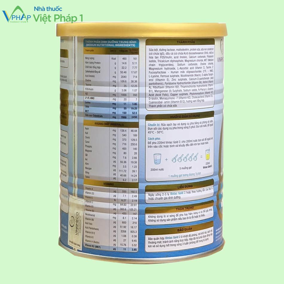 Bảng hàm lượng thành phần, hướng dẫn sử dụng, bảo quản, liều dùng và thông tin của sữa Vinlac Gold số 2