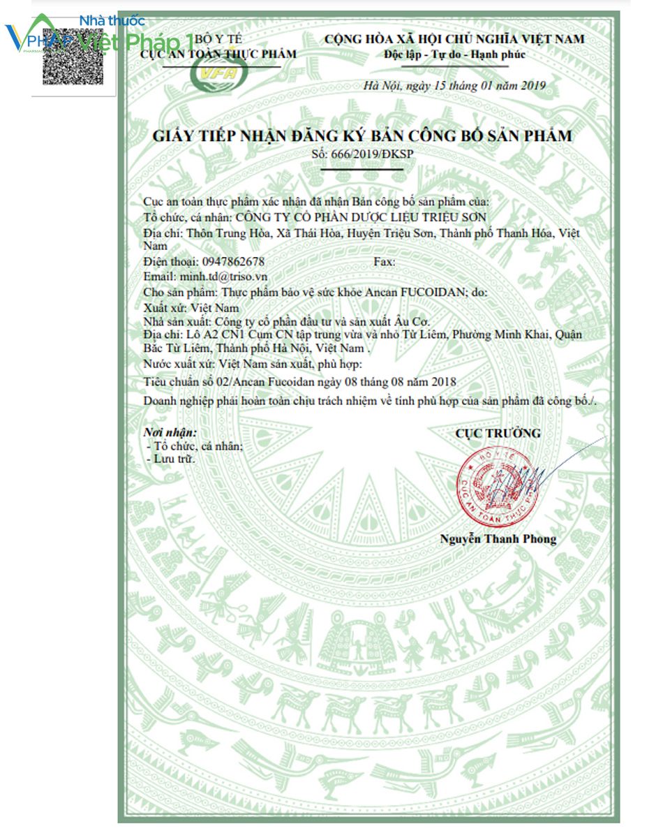 Hình ảnh giấy tiếp nhận đăng ký bản công bố sản phẩm