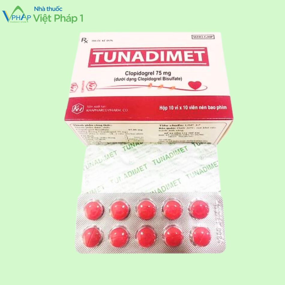 Hình ảnh: Hộp và vỉ thuốc Tunadimet có thành phần chính là Clopidogrel
