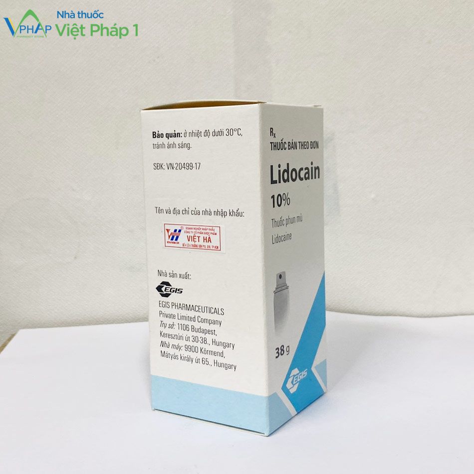 Hình ảnh: Mặt bên của thuốc Lidocain 10% được chụp tại Nhà Thuốc Việt Pháp 1