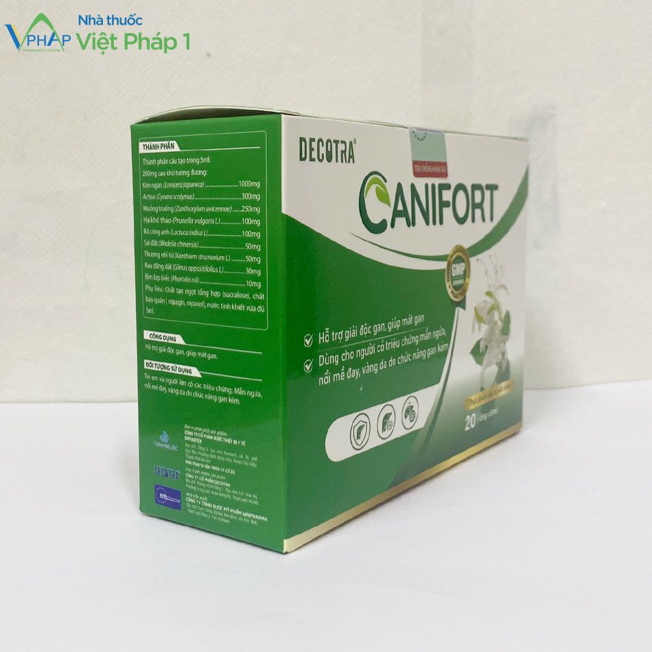 Mặt nghiêng của sản phẩm Canifort được chụp tại Nhà Thuốc Việt Pháp 1