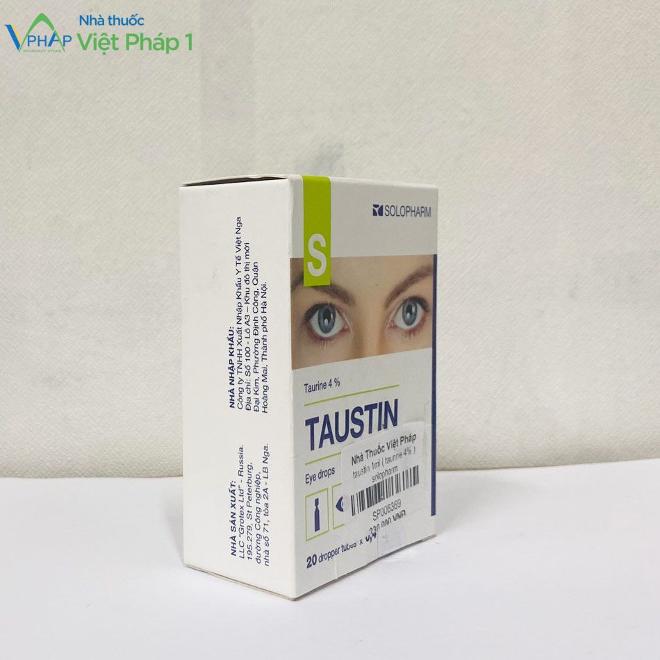 Hình ảnh: Mặt bên của hộp dung dịch nhỏ mắt Taustin được chụp tại Nhà Thuốc Việt Pháp 1