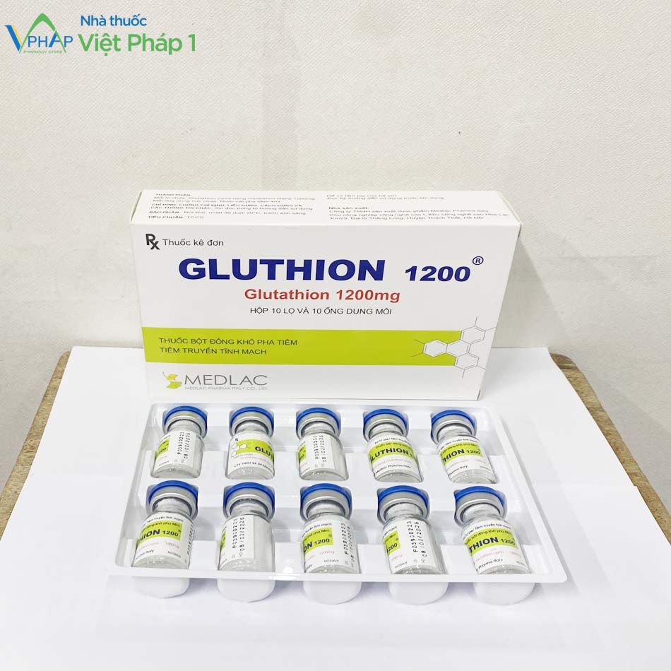 Hình ảnh hộp và lọ thuốc bột đông khô pha tiêm Gluthion 1200