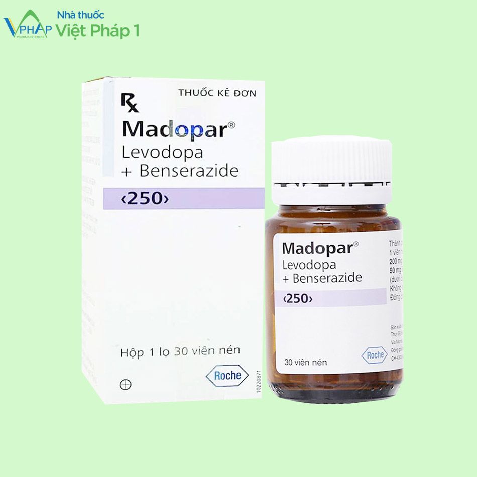 Hình ảnh hộp và lọ thuốc kê đơn Madopar