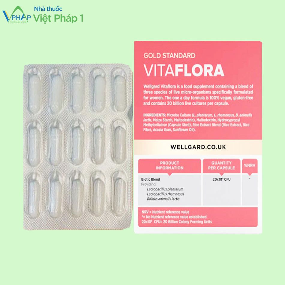 Hình ảnh vỉ và mặt sau hộp sản phẩm Vitaflora