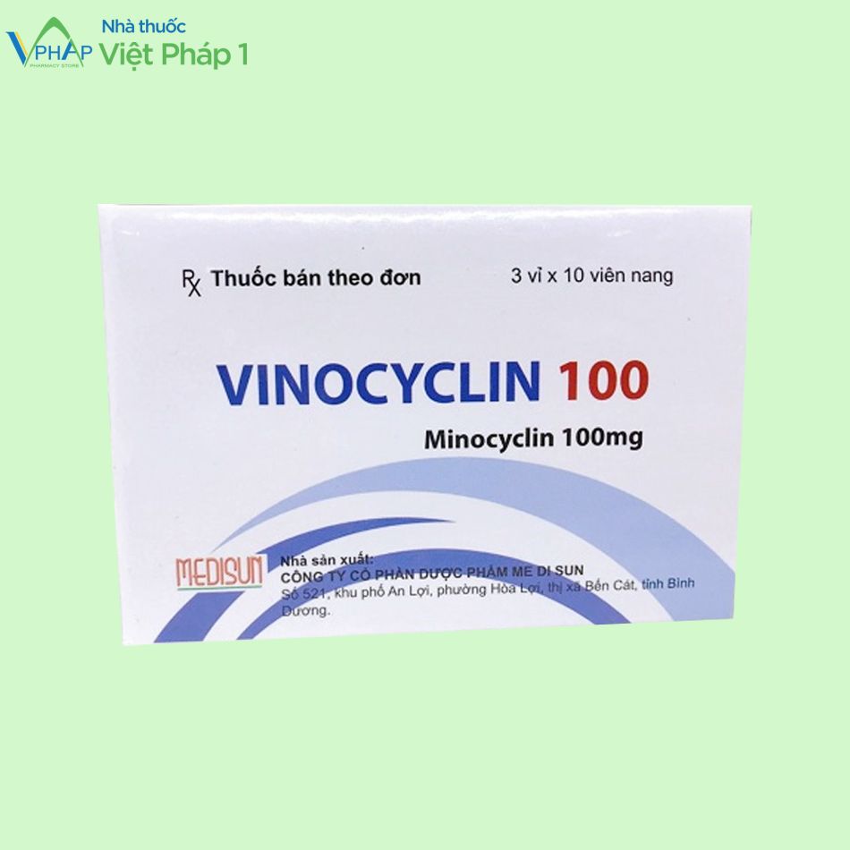 Hình ảnh: Hộp ngoài của thuốc kê đơn điều trị nhiễm khuẩn Vinocyclin 100