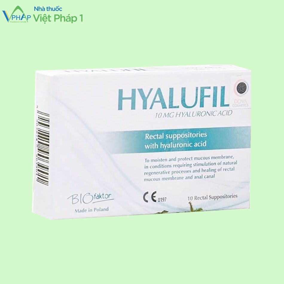 Hình ảnh: Hộp ngoài của sản phẩm viên đặt trực tràng Hyalufil giảm các triệu chứng của bệnh trĩ