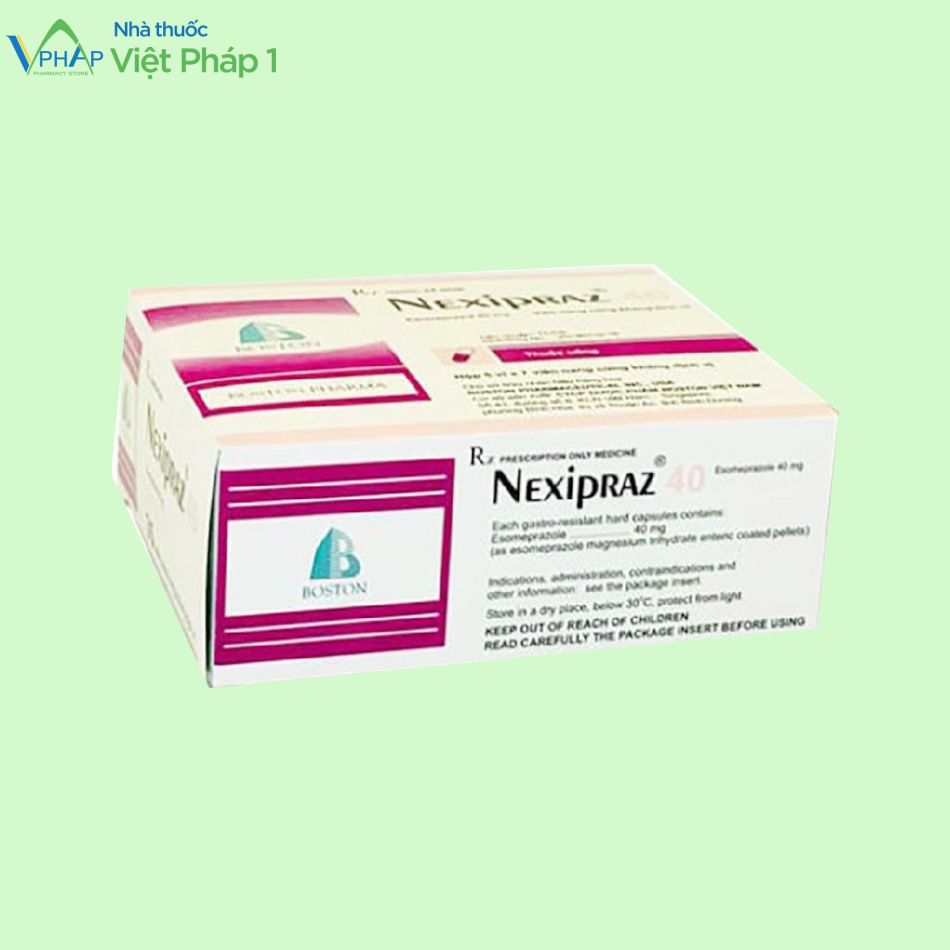Hình ảnh: mặt bên của hộp thuốc Nexipraz với thông tin về thành phần, cách bảo quản