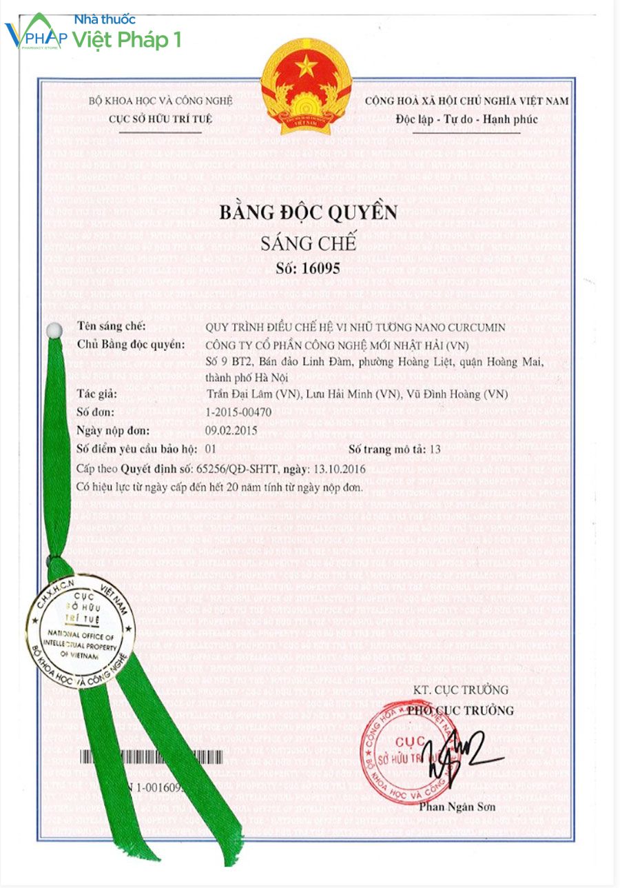 Bằng sáng chế độc quyền sản xuất Nano Curcumin OIC duy nhất tại Việt Nam