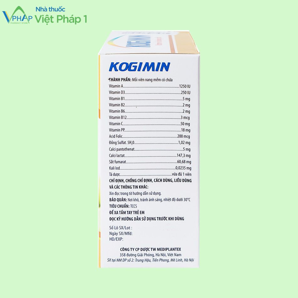 Mặt bên của hộp thuốc Kogimin bao gồm các thông tin về thành phần, công ty sản xuất 