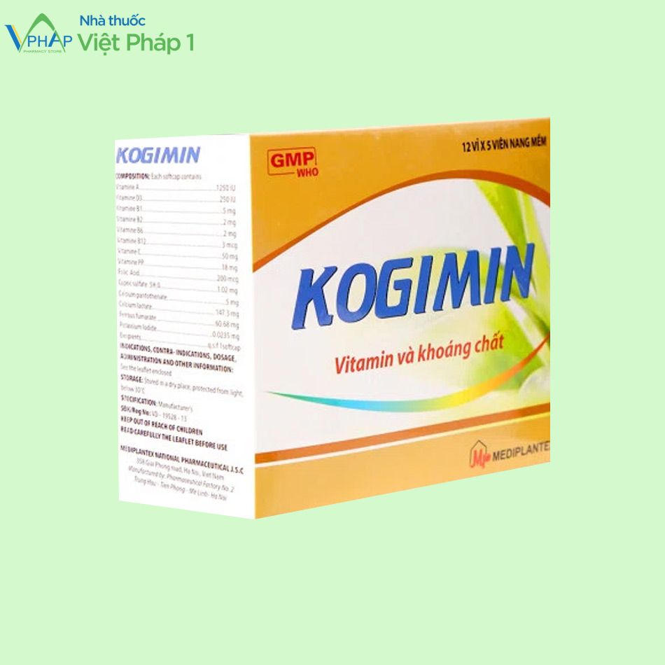Hình ảnh: Mặt bên của hộp thuốc Kogimin bổ sung vitamin và khoáng chất thiết yếu