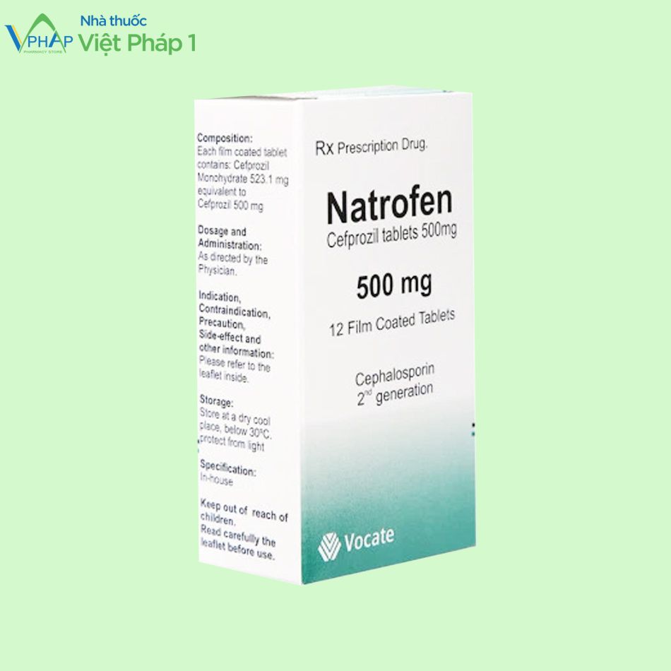 Hình ảnh mặt nghiêng của hộp thuốc Natrofen 500mg
