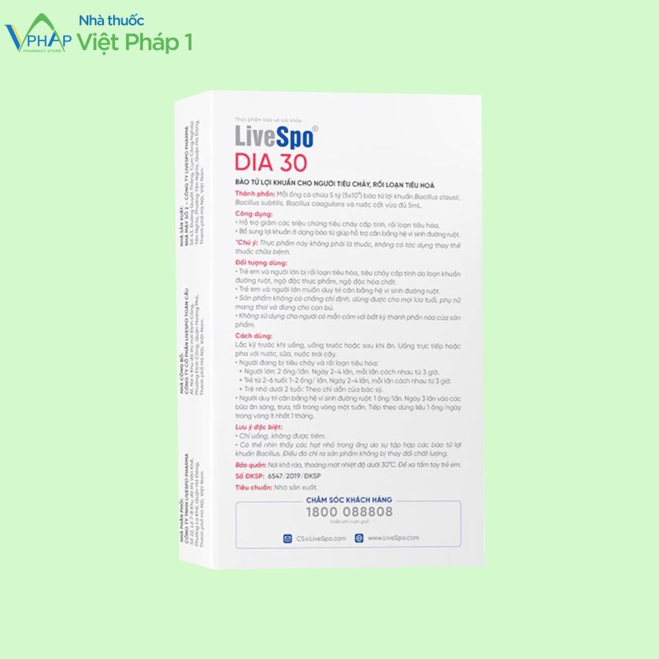 Thông tin thực phẩm bảo vệ sức khỏe LiveSpo Dia 30