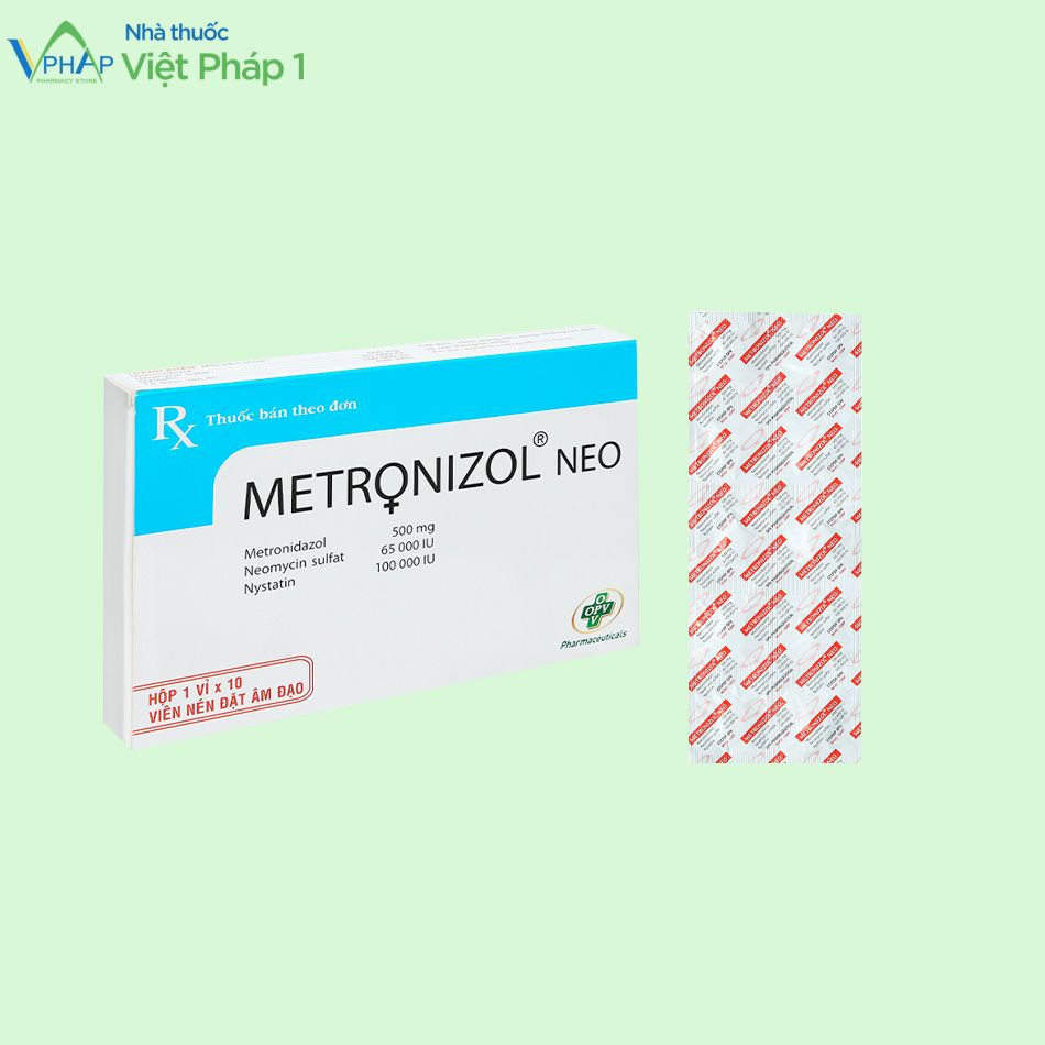 Hình ảnh hộp và vỉ viên nén đạt âm đạo Metronizol Neo được chụp tại Nhà thuốc Việt Pháp 1
