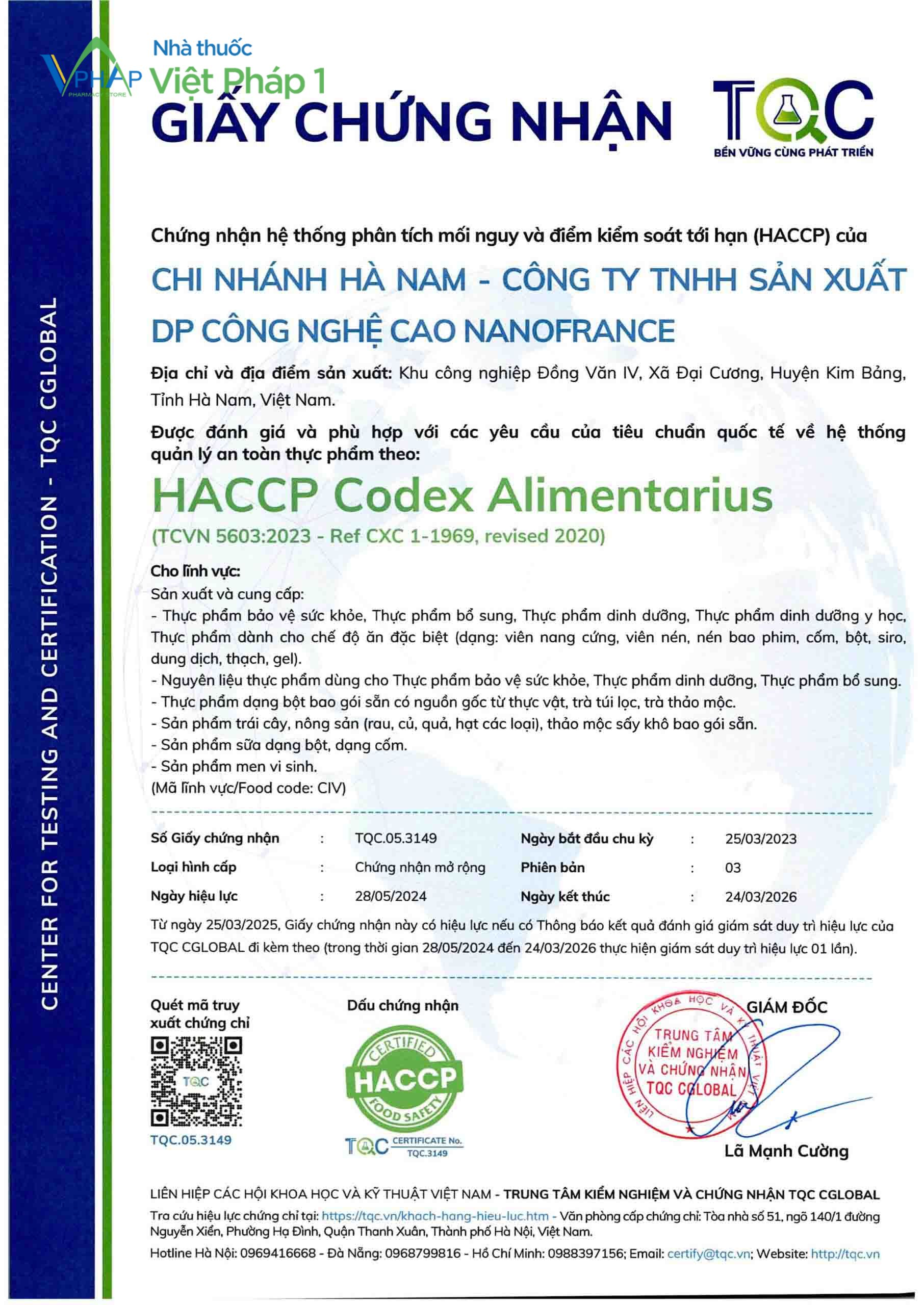 Giấy chứng nhận đủ điều kiện an toàn thực phẩm theo HACCP của đơn vị sản xuất