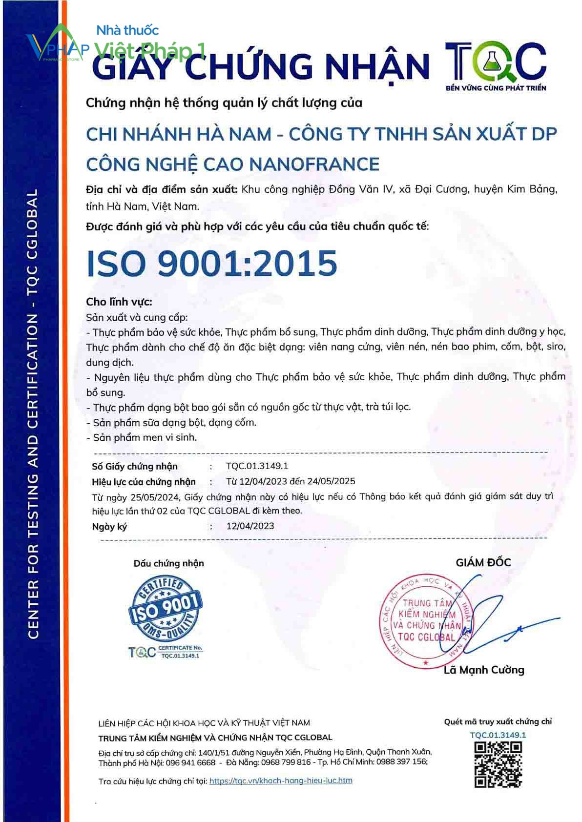 Giấy chứng nhận ISO 9001 - 2015 của NanoFrance