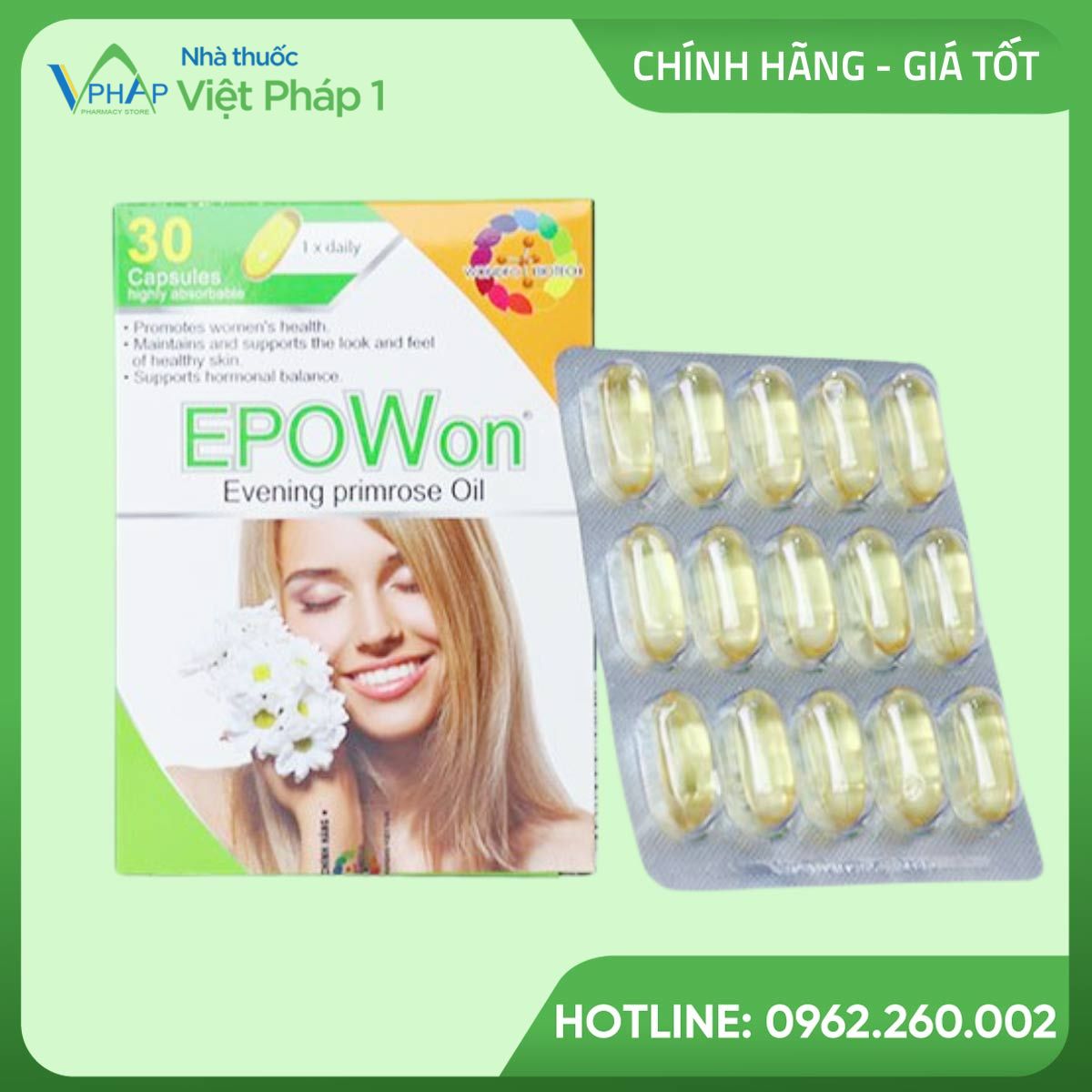 Hình ảnh: Hộp và vỉ 15 viên nang mềm EPOWon Evening Primrose Oil