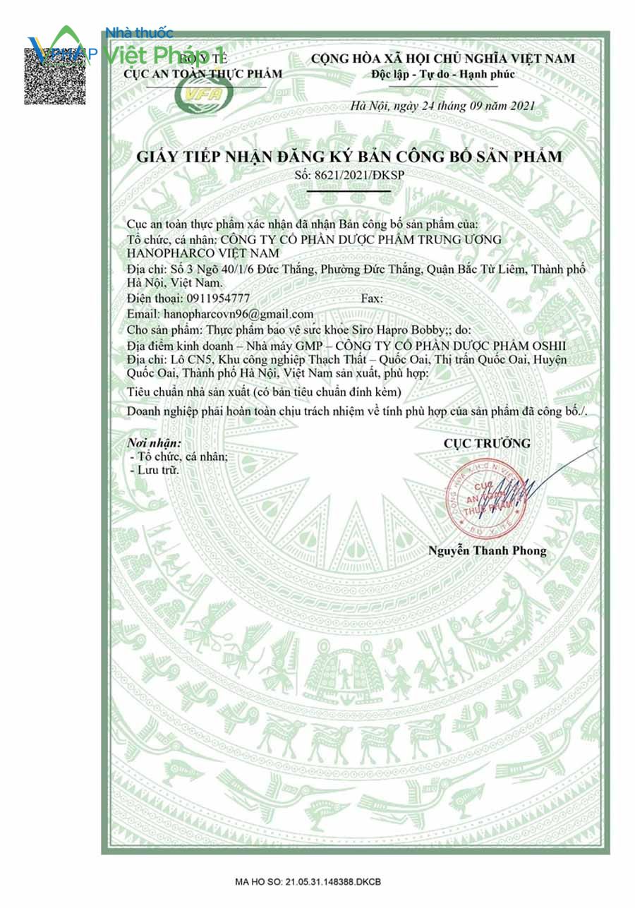 Phiếu công bố sản phẩm Calci Bobby